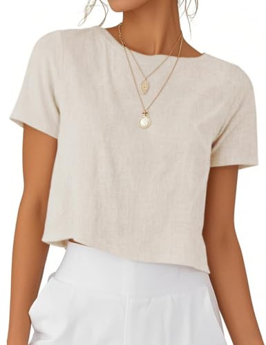 IDEALSANXUN Womens Short Sleeve Linen Shirts Casual Spring Summer Crewneck Cute Crop Beach Blouse Tops