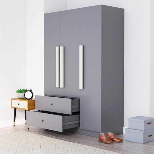 Image of Bniture Wooden Almirah for Clothes, Door for Bedroom, 3 Door Wardrobe with 2 Drawer & Hanging Space (40D x 120W x 180H CM) | 3 Year Warranty (Giant Wood & Slate Grey)