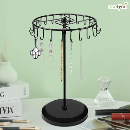 Image of ecofynd 24 Hooks Metal Rotating Jewelry Organizer Stand, 14-Inch Durable & Rust-Resistant Display Earring, Necklace, Bracelets, Chain, Rings Collection Hanging Holder, Perfect for Home & Travel(JS005)