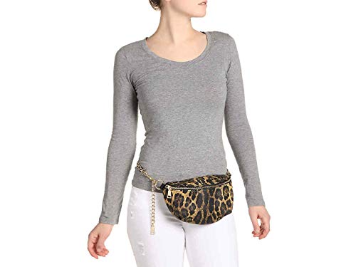 Questa borsa versatile presenta materiale stampa animalier, manico rimovibile, cinturino a catena, tasca interna con cerniera e chiusura con cerniera.