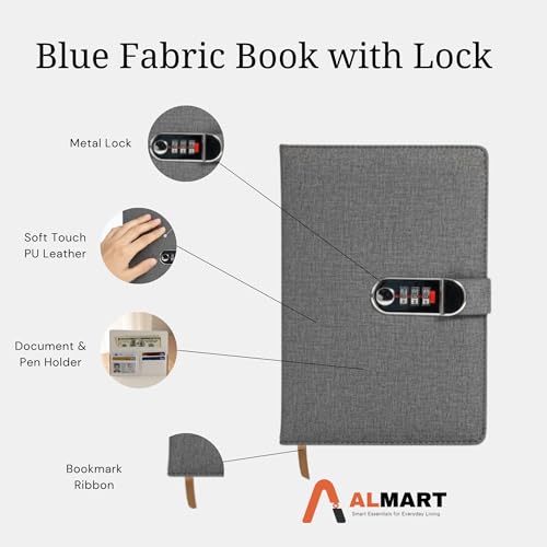 Image of A5 Secret Diary with 3-Digit Combination Lock, Premium PU Leather Journal for Men & Women, Personal Locked Notebook for Office, School & Gifts, 22x15 CM (Fabric Gray)