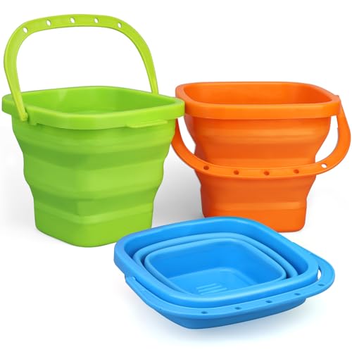 Jumbo Beach Sand Bucket Toy for Kids, 3L Collapsible Sandbox Pail, Easter Buckets, 3 Pack Multi Use Tool for Garden, Planting, Camping, Storage Fishing, Washing, Summer Holiday Travel Birthday Gifts