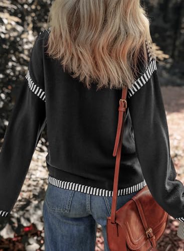 Image of Women's Crewneck Long Sleeve Sweater Casual Fall Contrast Ribbed Knit Pullover Jumper Tops