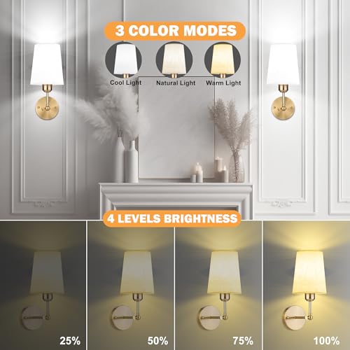 Image of Battery Operated Wall Sconce Set of Two,Modern Gold Rechargeable Wall Lights with RGB Bulb and Remote Control, 270Rotation Dimmable Battery Powered Wireless Wall lamps for Bedroom Living Room