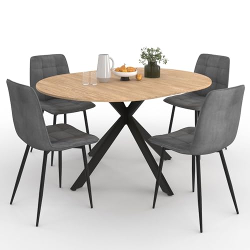IDMarket - Ensemble Table à Manger Ronde Extensible Alix 110-150 cm et 4 chaises Mila en Velours Gris foncé