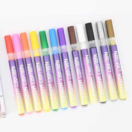 Image of 12 Colors Nail Art Pens Set, 0.5MM Fine Tip Water-Based Nail Painting Pens, Waterproof Quick-Drying Nail Art Markers for Women Girls DIY Home Salon Manicure Design