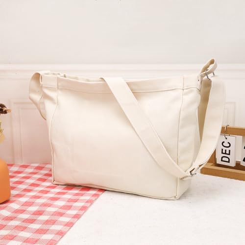Image of Cotton Tote Handbag Women Canvas Crossbody Beach Bag Hobo Shoulder Tote Bag with 3 External Pocket,Zipper Closure