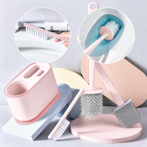 Image of Toilet Brush Set, Bathroom Accessories, Toilet Bowl Cleaners, Deep Cleansing Multifunctional Hanging Toilet Brush Set for Bathroom(Cherry Blossom Pink)