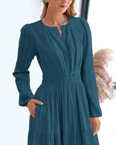 BTFBM Fall Dresses for Women 2025 Casual Long Sleeve V Neck Elastic Waist Lightweight Maxi Wedding Guest Dress Pockets
