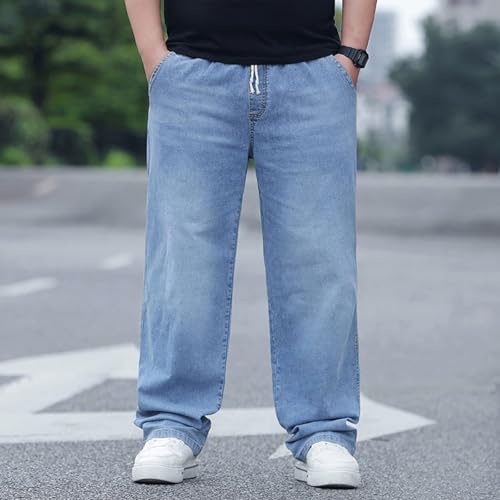 Plus Size Baggy Jeans for Men Elastic Waist Pull On Denim Pants Drawstring Straight Loose Jean Sweatpants L-5XL Light Blue by Djeanxa - Used condition - Image 4