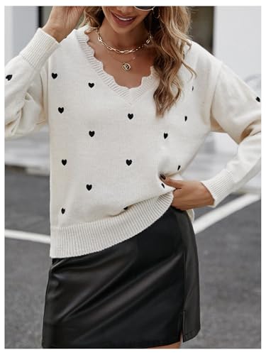 Image of BEAUDRM Women's Heart Pattern V Neck Sweater Scallop Trim Long Sleeve Pullover Tops Beige Small
