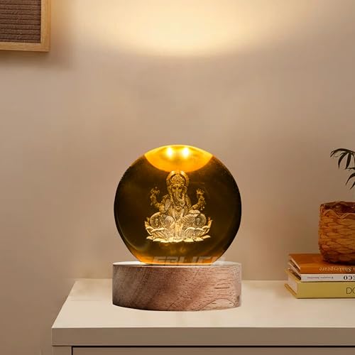 Image of 3D Ganesh Crystal Ball Night Lamp, Solar System Ganesha Crystal Ball Night Light, USB Table Colorful Led Wooden Crystel Ball for Home, Office, Birthday Gift (Ganesh)