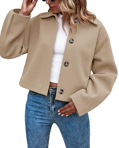 Image of Cicy Bell Womens Cropped Pea Coat Casual Wool Blend Button Down Short Jackets Fall Winter Outerwear
