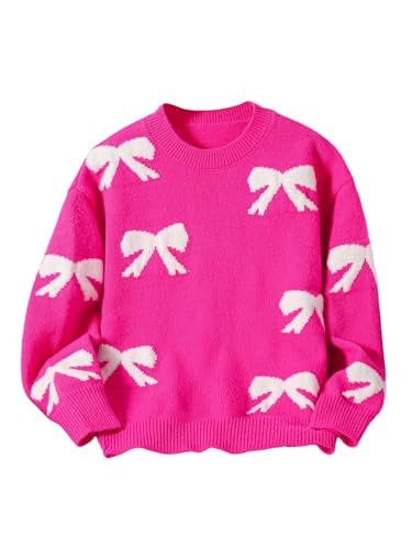 Image of RoseSeek Girl's Bow Graphic Sweaters Crewneck Long Sleeve Knit Pullover Tops Drop Shoulder Knitwear
