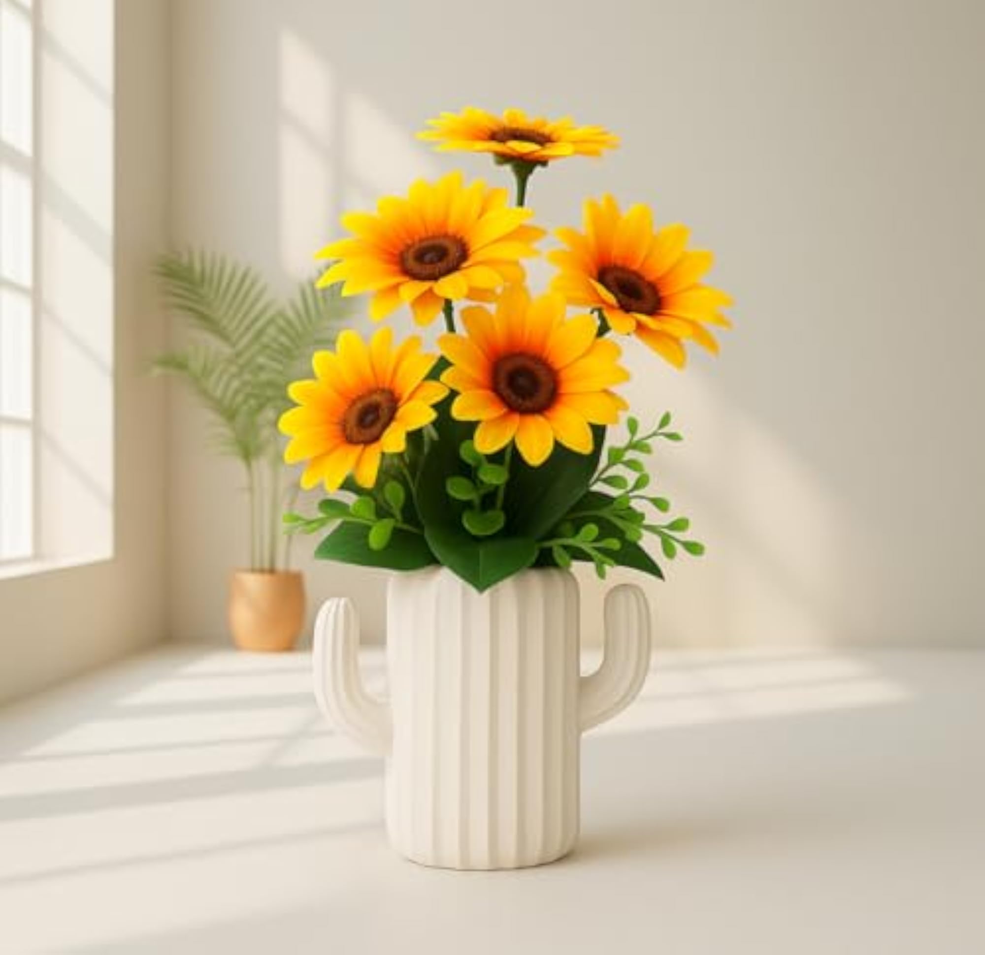 Cactus Shaped Ceramic Flower Pot with Artificial Sunflower Arrangement