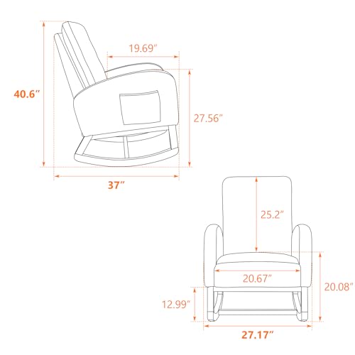 Image of Rocking Chair Nursery, Glider Rocking Accent Chair with Wood Legs, High Back Pocket Modern Upholstered Nursery Chair, Comfy Accent Rocker Armchair for Living Room Bedroom, Light Gray