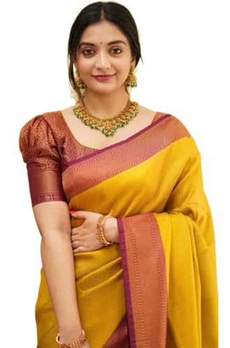 Image of Flosive Women's Present Banarasi Soft Lichi Silk Saree Beautiful Jacquard Rich Pallu Design Work Zari Woven Kanjivaram Silk Style Saree With Soft Lichi Silk Blouse Piece Ayn Royal Mix (Yellow).
