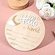 Nogeqi Weiß Meilensteinkarten Baby Holz, Hallo Welt Baby Schild Ankündigungsschilder Hello World Holzschild Willkommensschild für Neugeborene Runde Holz Geburtsanzeige für Schwangere Werdende Eltern