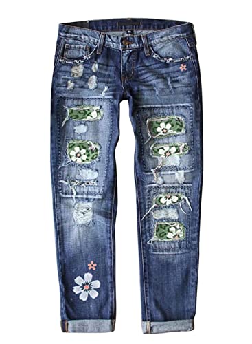 LAFOURAM Womens Boyfriend Patchwork Distressed Ripped Skinny Jeans with Hole