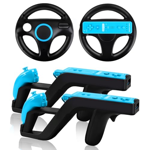 LongLongJin 2 Racing Steering Wheels And 2 Zapper Light Guns, Compatible With Nintendo Wii/Wii U Remote Game(Black)