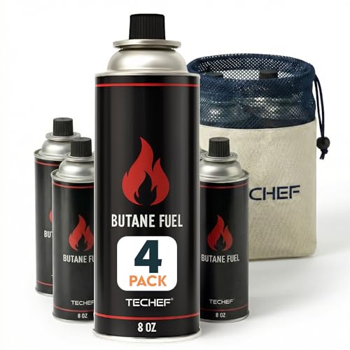 TECHEF 4 Pack x 8oz Butane Gas Fuel Canisters Cylinders Tin with Dual Safety System for Portable Gas Stoves, Camping Stoves, Gas Burners, Cooking Torch, UL Listed, Made in Korea