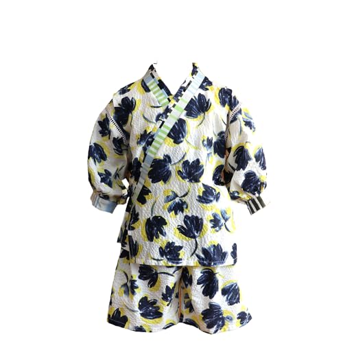 子ども甚平(pati pati)110〜120cm ダークブルー花柄×イエロー 甚平 じんべい ファッション 子供服 キッズ服