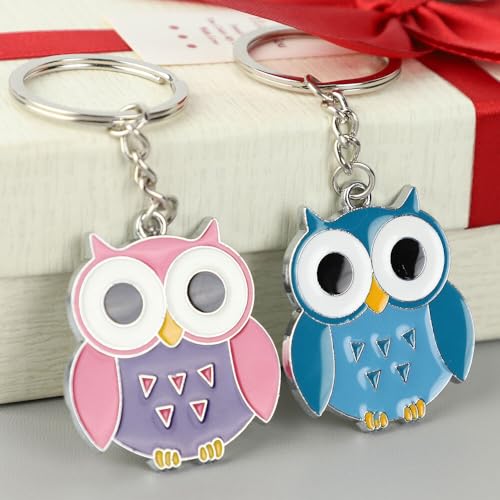 Mecmbj Schlüsselanhänger Eule, Cartoon Eulen Metall Taschenanhänger für Geldbörse, Rucksack, Handtasche, Glücksbringer Eule Schlüsselanhänger Damen für Familie, Freunde, Paare (rot, blau)