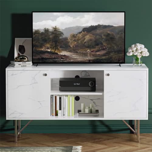 Aurorome Mid-Century Modern Tv Stand For 55/60 Inch Tv, White Tv Stand With Storage, Entertainment Center Tv Console With Adjustable Shelves, Small Tv Stand For Bedroom, Living Room And Office, White #TOP26