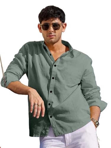 Image of Men's Linen Cotton Casual Shirt | Regular Fit Plain Shirt for Men | Long Sleeve Shirt for Casual & Formal Wear