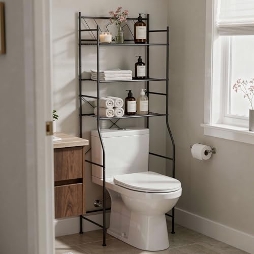 Image of Home Zone Living Over-the-Toilet Bathroom Storage Cabinet Organizer | Freestanding Steel Frame Design with 3-Tier Shelves, Wide Stabilizing Base and Adjustable Feet, Black
