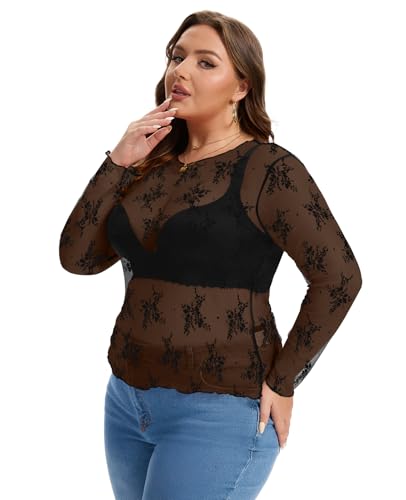 AYIFU Women's Lace Mesh Top Sheer Plus Size See Through Floral Long Sleeve Mock Neck Blouse Tops2