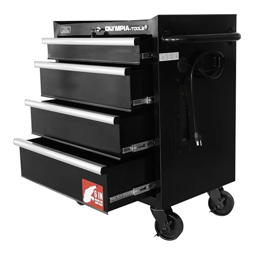 Olympia Tools 27-Inch Rolling Tool Cabinet with 4 Drawers – Mobile Tool Chest with Ball Bearing Slides and Fully Extendable Drawers for Garage Storage