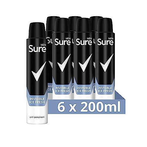 An image depicting Sure Men Invisible Ice Fresh Anti-Perspirant Aerosol pack of 6 deodorant for men that protects against white marks and yellow stains for 48-hour sweat and odour protection 200 ml