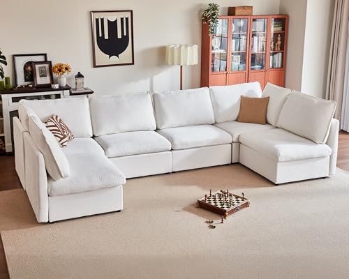 Image of Oversized Modular Sectional Sofa, Comfy Cloud Couch with Reversible Chaises Extra Deep U-Shaped Sleeper Sofa Bed for Living Room, Covers Washable, 6-Seater with 2 Corners, Chenille, White