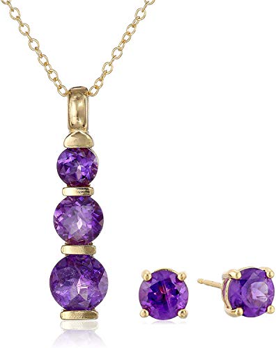 18k Yellow Gold Plated Sterling Silver African Amethyst Journey Pendant Necklace and Stud Earrings Set
