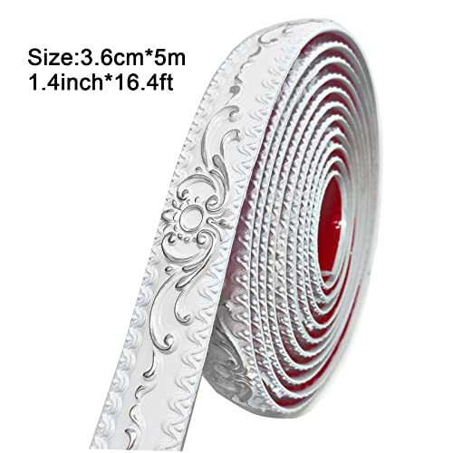 AXYWINBO® Zierleisten Selbstklebend,5m*3.6cm Wandleisten Selbstklebend Silber PVC Weichsockelleiste Europäische Vintage,Zierleiste für Schrank,Spiegelrahmen,Wandkante,Heimdekoration