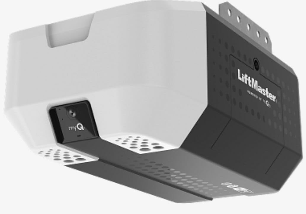 LiftMaster 2420L garage door opener head unit with its cover open, showing internal components.