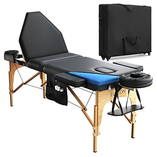 Luxton Home 3-Section Premium Memory Foam Massage Table with Rolling Carrying Travel Case - Easy Set Up - Foldable & Portable - Adjustable Height, Head Cradle, Hanging Arm Rest, & Side Storage Pocket