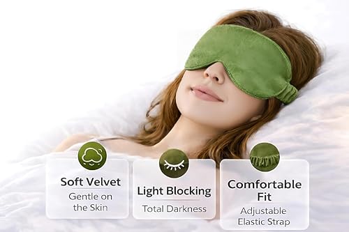 Image of Velvet Eye Sleep Mask for Men & Women Soft Light Blocking Sleeping Eye Mask with Adjustable Strap Travel Relaxation Eye Cover for Home Flight Deep Rest (Olive Green PC 1)