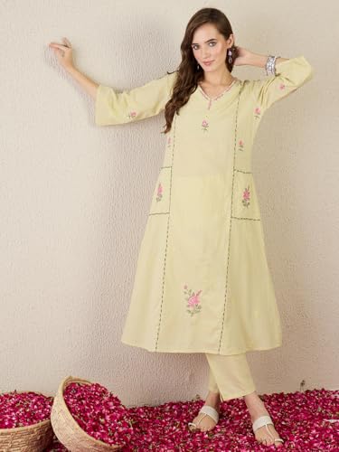 Image of INDO ERA Women's Pure Cotton Floral Embroidered A-Line Kurta & Pant Set (IESTR11298)
