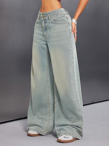 Women's Double-Breasted Jeans Vintage High Waisted Wide Leg Baggy Trousers Casual Loose Fit Denim Pants with Pockets2