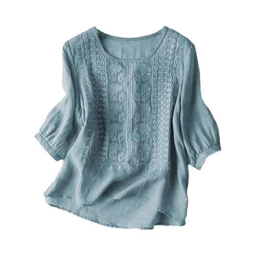Genérico 2025 Women Cotton Linen Shirts Floral Embroidered 3/4 Sleeve V Neck Button Tunic Casual Loose Top Boho Blouse (Green,XL)