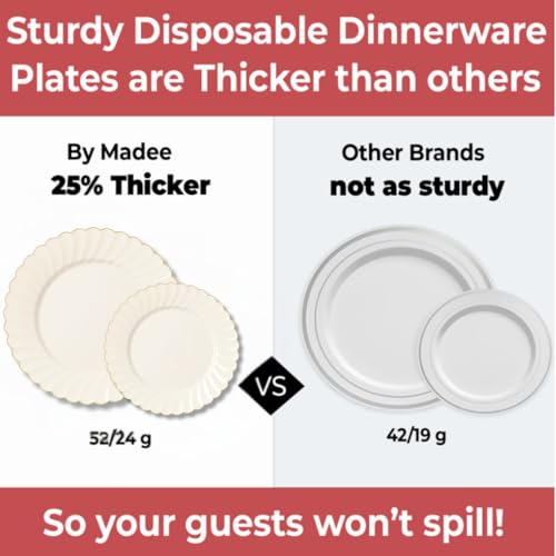 By Madee HIGH END 100 Pc Ivory Scalloped Plastic Plates with Gold Trim - 50 Dinner & 50 Dessert Fancy Disposable Plates for Party - Stunning & Elegant Table Setting for Any Occasions (50 Guests)