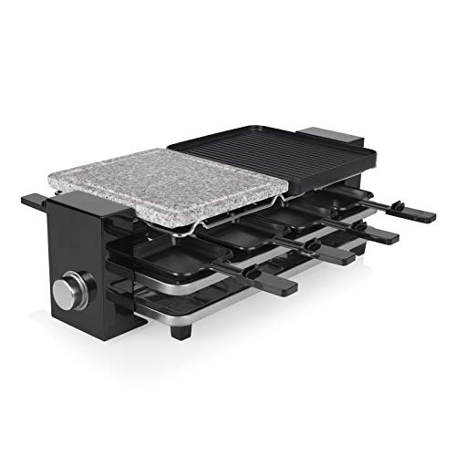 Princess Piano Raclette Grill in für 8 Personen, 1200 Watt, Thermostat, 8 Pfännchen und Spatel + Steingrillplatte aus…