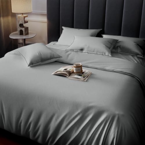 Image of Sassoon Catania Cotton Sateen Bedsheet - 400 TC, Super King Size (118 x 118) Inches, Premium Long Staple Cotton, Soft & Breathable, Fade Resistant - 1 Bedsheet with 2 Pillow Covers, Color- Smoke