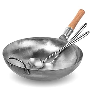 YOSUKATA Silver Round Bottom Wok Pan – 14″ Woks and Stir Fry Pans 17’’ Wok Spatula and Ladle – Set of 2 Heat-Resistant Wok Tools – Universal Wok Ladle Flat Bottom Pow Wok