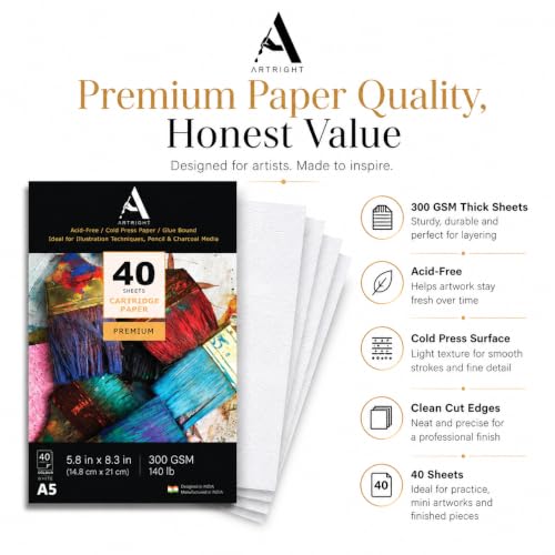 Image of ArtRight Artists' Sketching Paper (A5 Pack of 40 Sheets, 300 GSM); Handmade Cartridge Mixed Media Sheets of 300GSM for Pencil, Charcoal and Ink Media