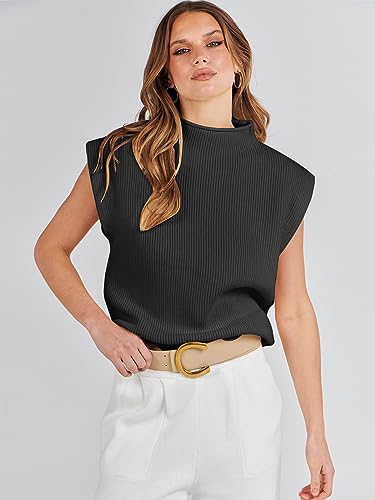 Anrabess Women'S Mock Neck Sleeveless Sweater Vest Casual Cap Sleeve Knit Pullover Tank Tops 2024 Fall Summer Clothes Black-Xl thumb #1