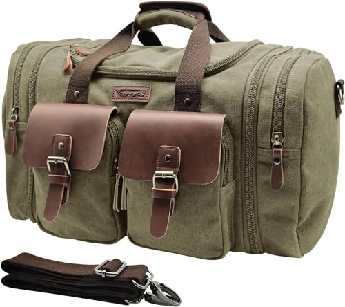 Image of Wildroad 60L Travel Duffel Bag, Expandable Canvas Genuine Leather Duffle Bag Upgraded Overnight Weekender Bag Carry on Bag