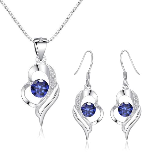Kamise Women's Jewellery Set, 925 Sterling Silver Heart Jewellery Sets with Sapphire Zirconia, Hypoallergenic Love Heart Pendant Necklace & Hook Dangle Earrings Set for Women Girls, Gifts mit Box